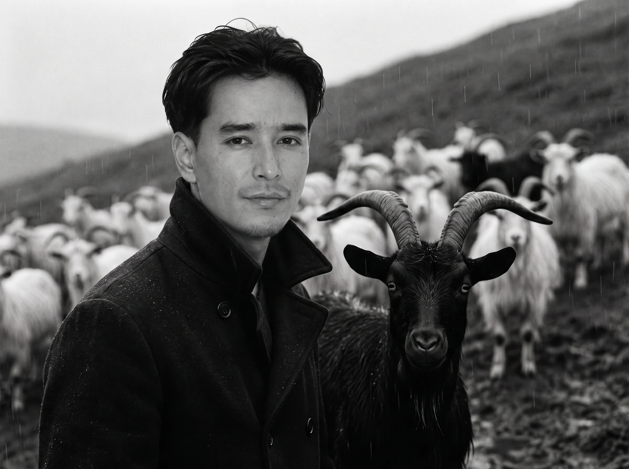 Ejaz Hussain on the hill in the rain, the black goat at his side and the herd behind